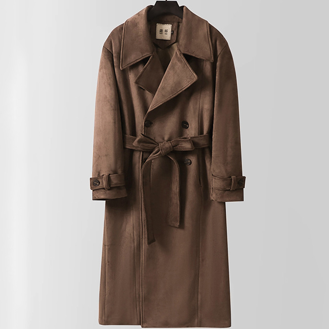 Big and Tall Calf Length Faux Suede Trench Coat