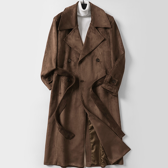 Big and Tall Calf Length Faux Suede Trench Coat - Image 3