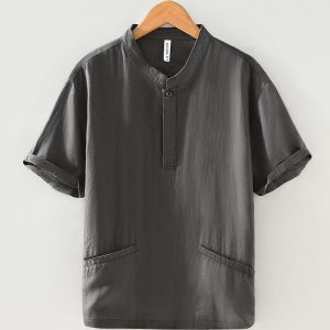 Mens 100 Linen Slim Fit Henley Short Sleeve Shirt