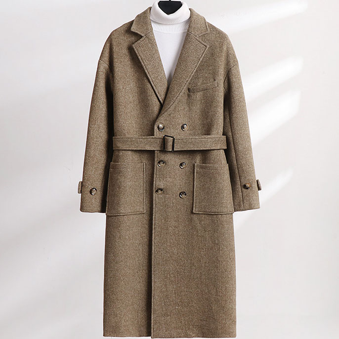 Mens Plus Size Double Breasted Wool Blend Trench Coat with Belt