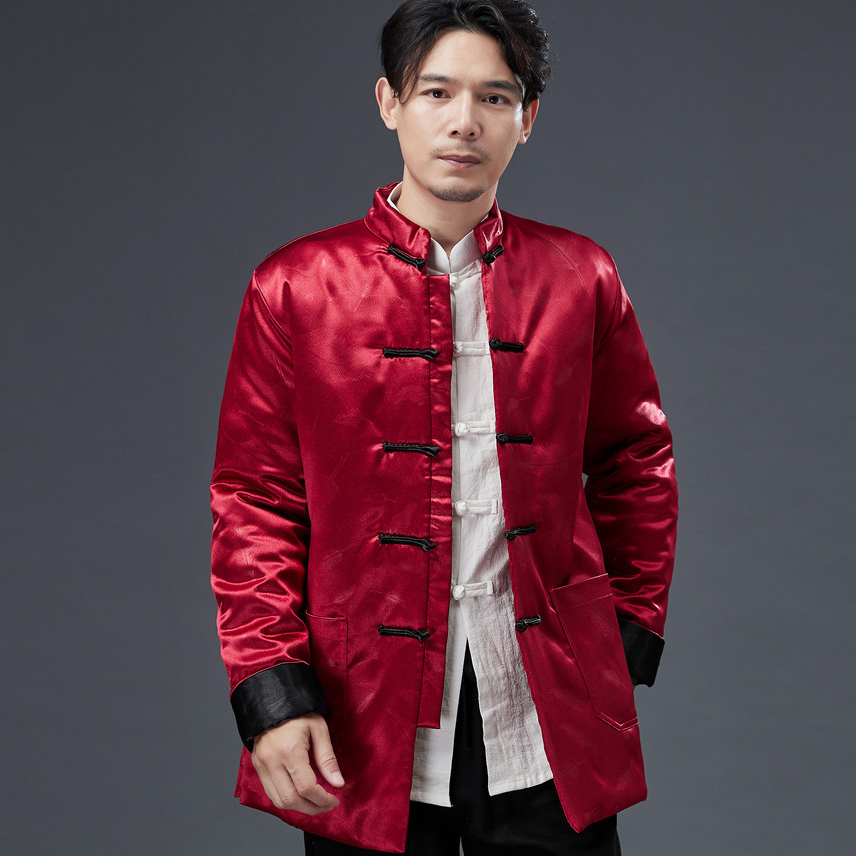 Mens Shiny Silk Traditional Chinese Cotton Padded Jacket