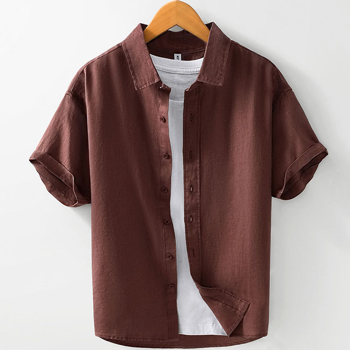 Mens Short Sleeve 100 Linen Plain Color Shirts - Image 5