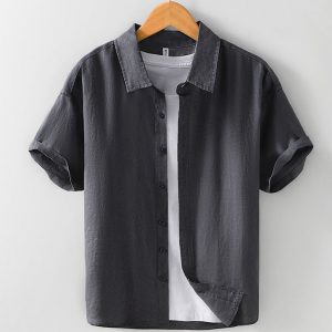 Mens Short Sleeve 100 Linen Plain Color Shirts