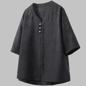 Mens Embroidered V Neck T Shirt with Three Buttons