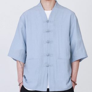 Mens V Neck Chinese Frog Button Shirt
