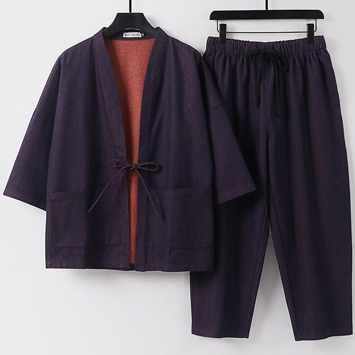 Plus Size Mens Denim Kimono Jacket And Pants Set
