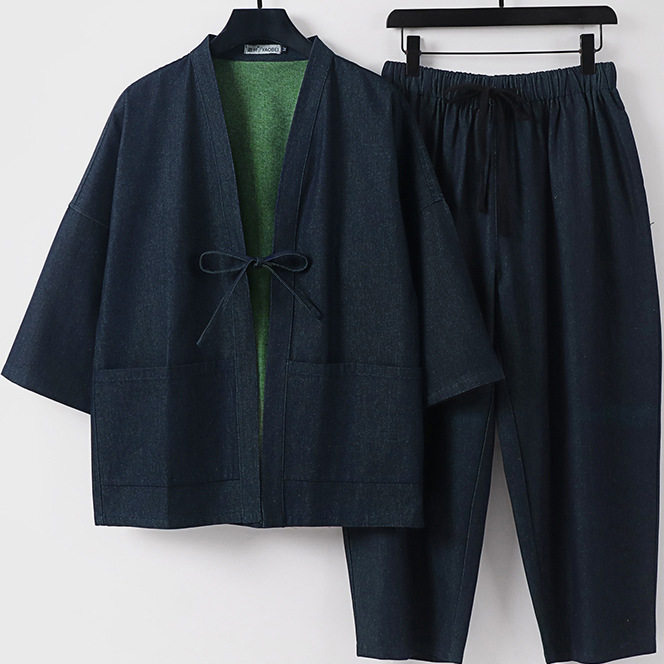 Plus Size Mens Denim Kimono Jacket And Pants Set - Image 2