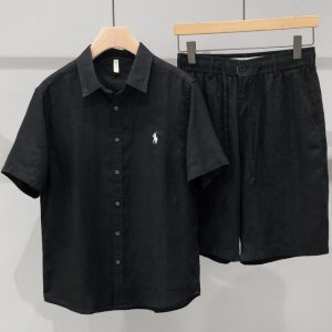 100 Linen Short Sleeve Brand Collar Shirt 2 Piece Sets
