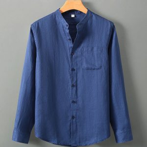 Men's 100 Linen Band Collar Long Sleeve Shirt with Pocket