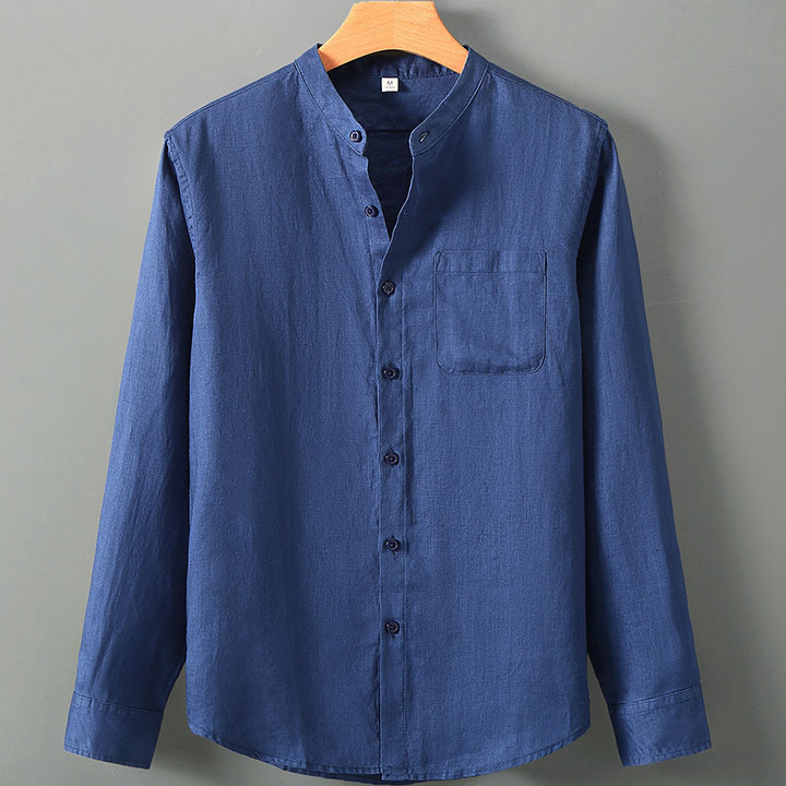 Men's 100 Linen Band Collar Long Sleeve Shirt with Pocket