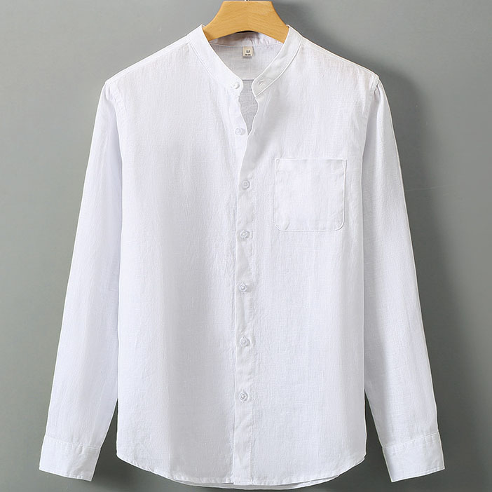 Men's 100 Linen Band Collar Long Sleeve Shirt with Pocket - Image 4