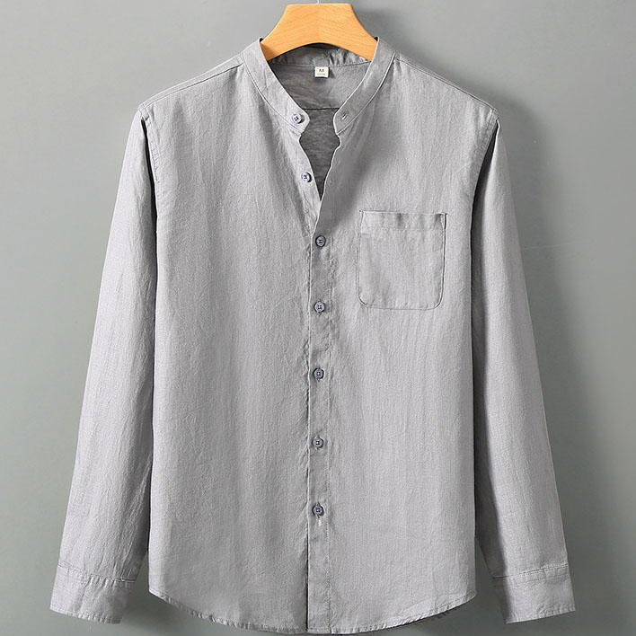 Men's 100 Linen Band Collar Long Sleeve Shirt with Pocket - Image 3