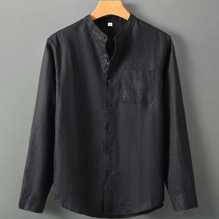 Men's 100 Linen Band Collar Long Sleeve Shirt with Pocket - Image 2