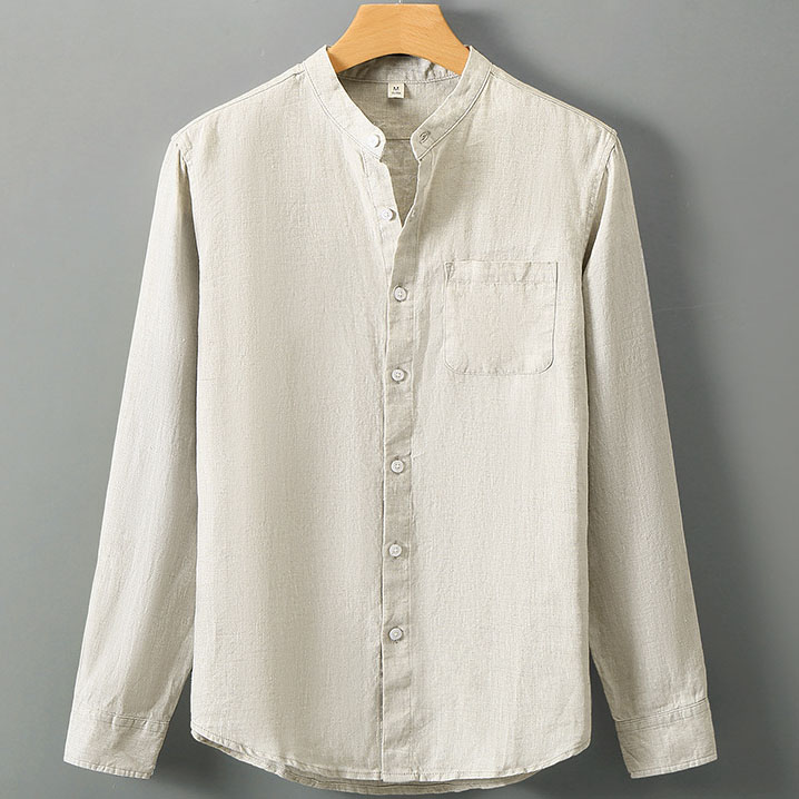 Men's 100 Linen Band Collar Long Sleeve Shirt with Pocket - Image 5
