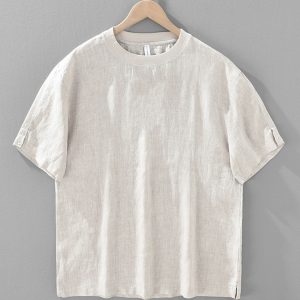 Mens 100 Linen Crew Neck Loose Fit T shirt