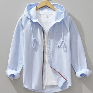 Mens 100 Percent Cotton Hooded Zip Up Long Sleeve Shirt