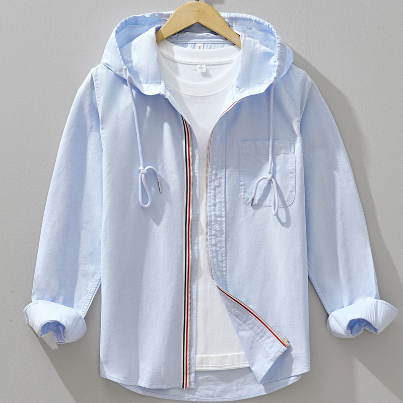 Mens 100 Percent Cotton Hooded Zip Up Long Sleeve Shirt