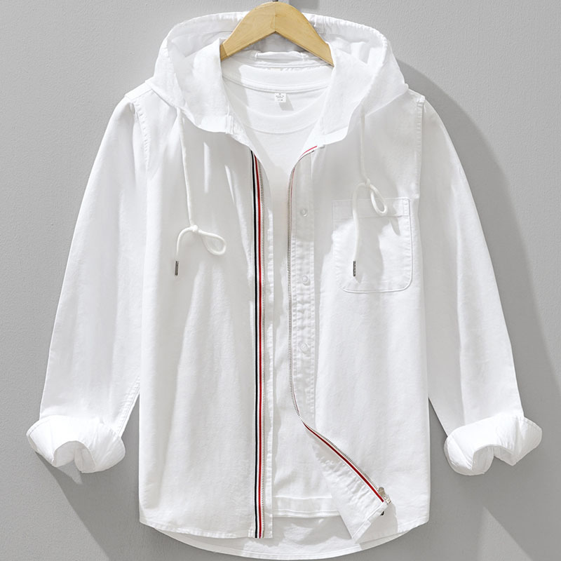 Mens 100 Percent Cotton Hooded Zip Up Long Sleeve Shirt - Image 2