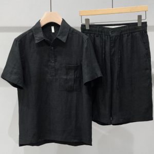 Mens 100 Percent Linen Short Sleeve Polo Shirt and Short Set