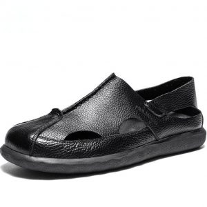 Mens Black Leather Soft Closed Toe Sandals