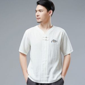 Mens Chinese Style Cotton Linen T Shirt with Two Buttons