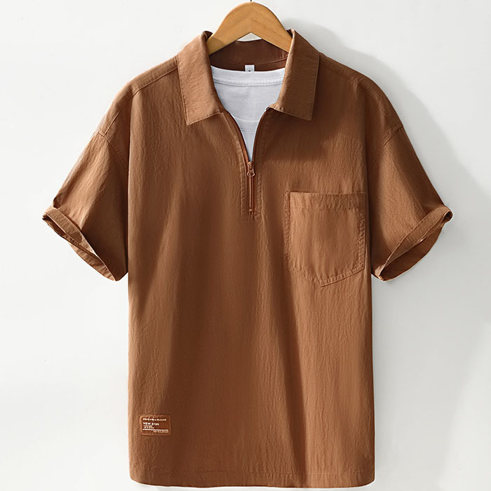 Mens Cotton Half Zip Collar Shirt with Chest Pocket - Image 2