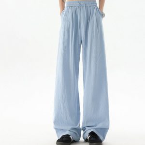 Mens Linen Elastic Waist Loose Straight Leg Pants