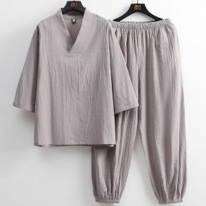 Mens Linen T Shirt and Long Pants Set
