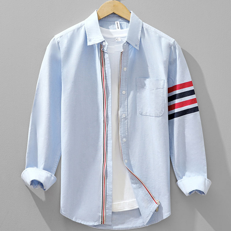 Mens Pure Cotton Zip Front Shirt with 4 Stripes Sleeve - Image 4