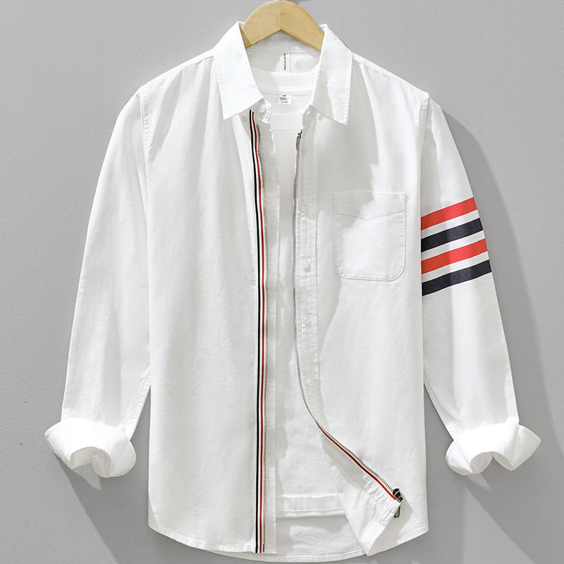Mens Pure Cotton Zip Front Shirt with 4 Stripes Sleeve - Image 5