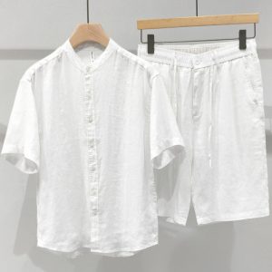 Mens Pure Linen Grandad Collar Short Sleeve Matching Shirt Shorts