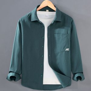 Pure Cotton Spread Collar Long Sleeve Shirt with Pocket